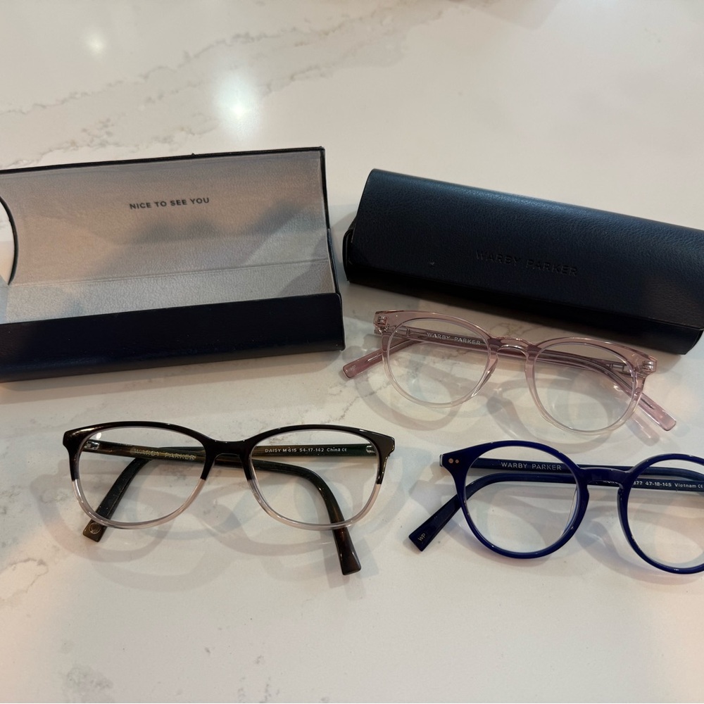 Warby Parker Trio - Black, Pink, Blue Frames 1.25 eye prescription “cheaters”